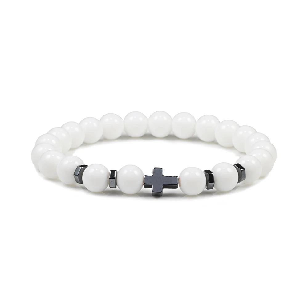 Natural Lava Stone Bead Bracelet Men Prayer Meditation Hematite Cross Jesus Thin Couple Bangles Pulsera Jewelry Gifts for Friend  (GoldenCity)