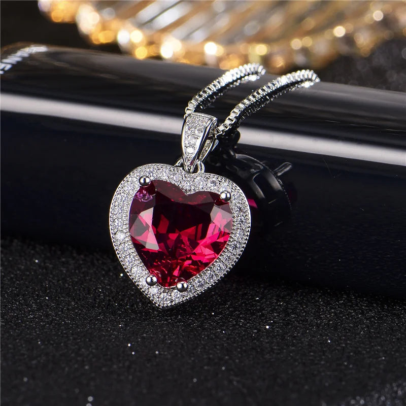 Bright Crystal Red Heart Pendant Necklace For Lady Engagement Accessories Trendy 925 Silver Necklace Choker Women Jewelry Gift  (GoldenCity)