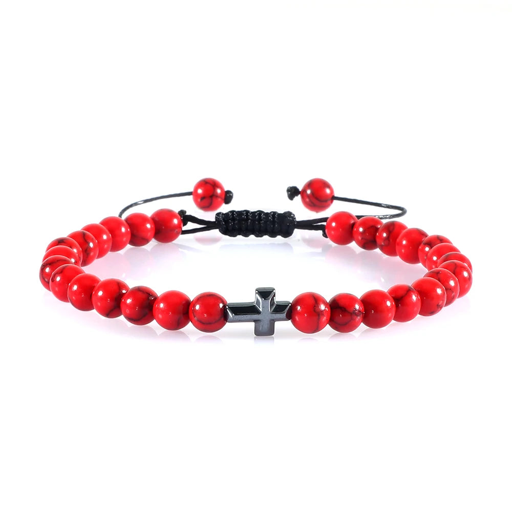 Charm 6mm Natural Stone Beads Braided Bracelet Prayer Men Women Christian Jesus Bless Cross Bracelets Bangles Friendship Jewelry  (GoldenCity)