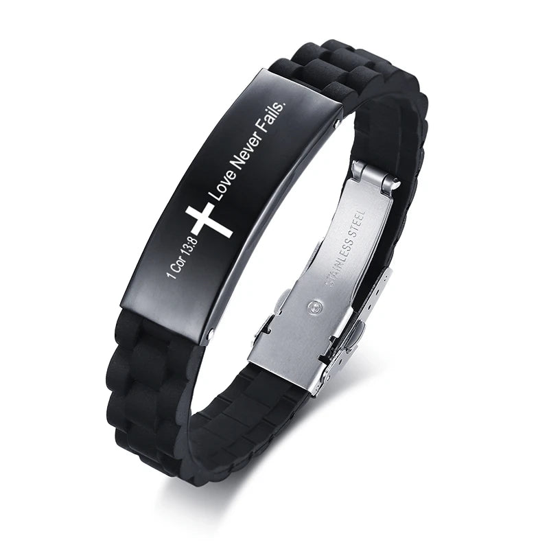 Religious Cross Jesus Scripture Quote Christian Bible Verse Inspiring Faith Silicone Bracelets for Men Personalize Gift  (GoldenCity)