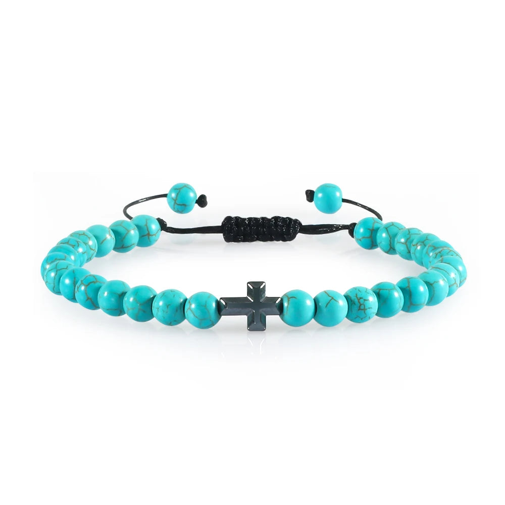 Charm 6mm Natural Stone Beads Braided Bracelet Prayer Men Women Christian Jesus Bless Cross Bracelets Bangles Friendship Jewelry  (GoldenCity)
