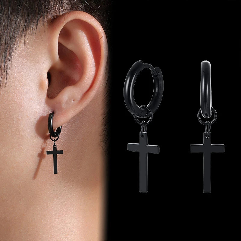 Simple Cross Dangle Earrings for Men Women Minimalist Stainless Steel Drop Small Hoop Metal Ear Jewelry Anti Allergy  (GoldenCity)