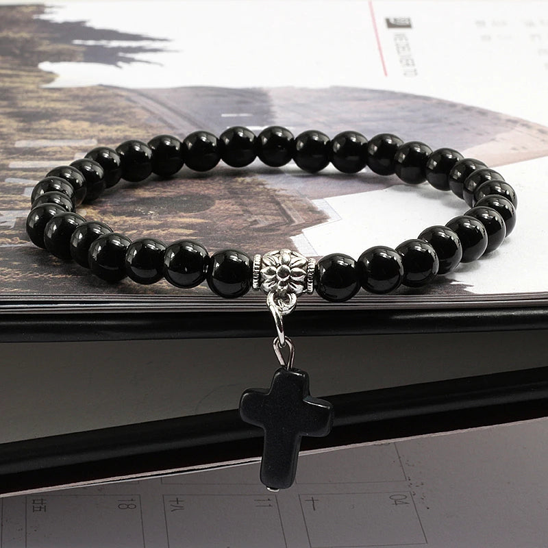 Prayer Bracelet 6MM Onyx Natural Stone Beads Religion Jesus Cross Pedant Bracelets Bangles for Men Women Yoga Friendship Jewelry  (GoldenCity)