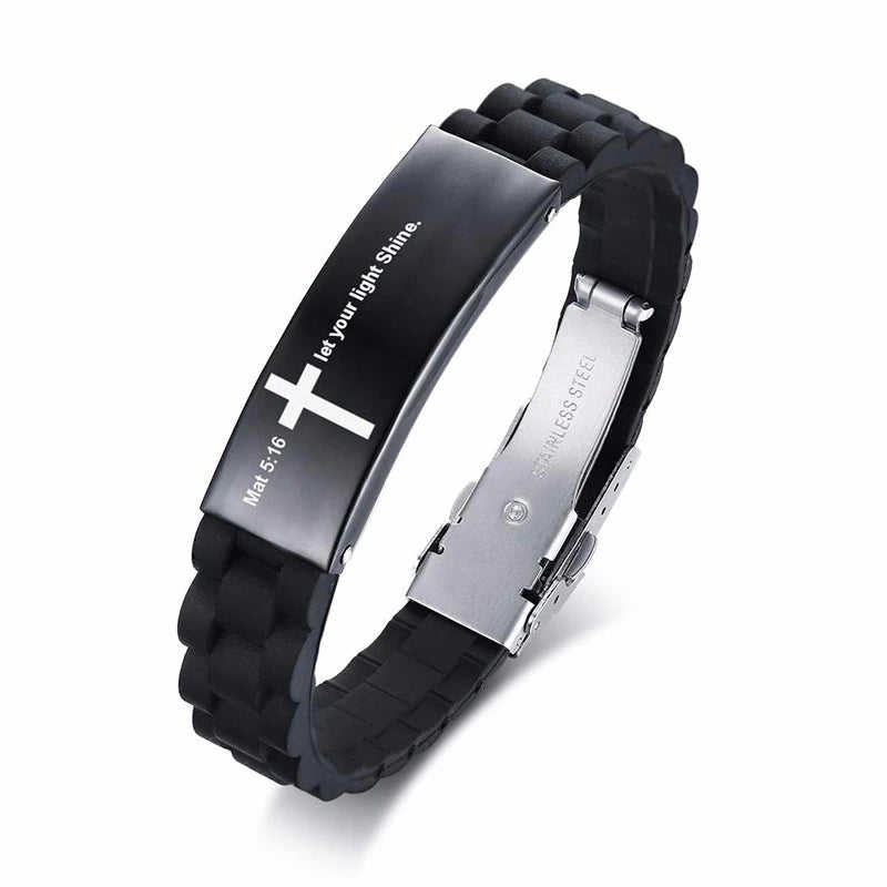 Religious Cross Jesus Scripture Quote Christian Bible Verse Inspiring Faith Silicone Bracelets for Men Personalize Gift  (GoldenCity)