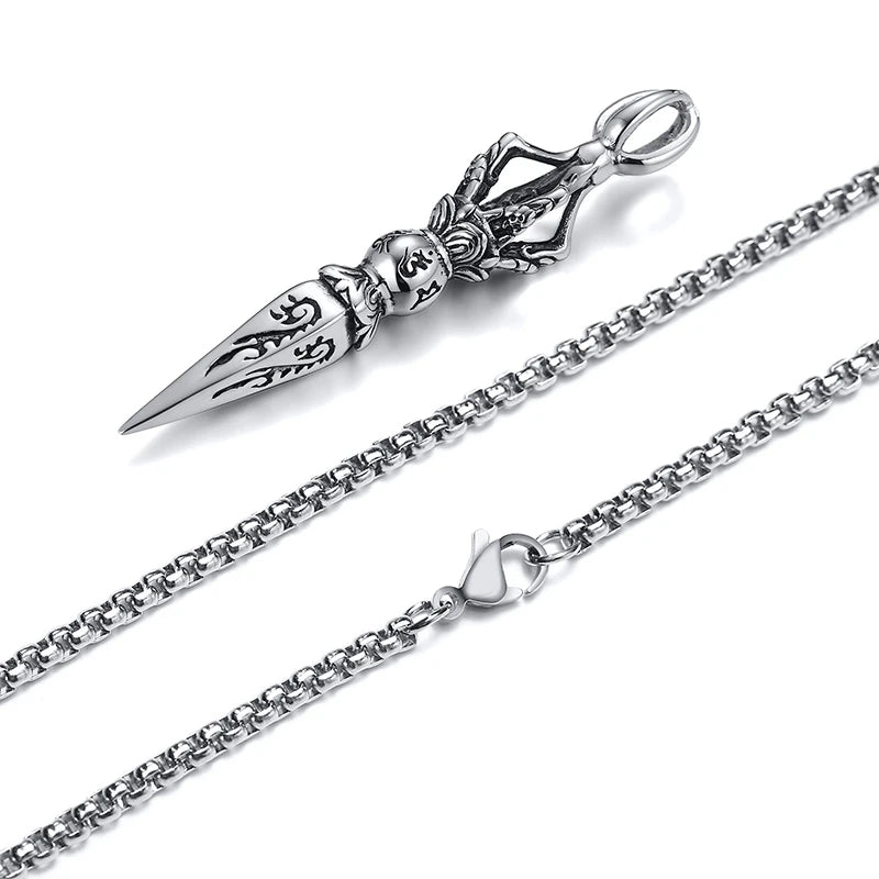 Punk Stainless Steel Tibetan Buddhist Protection Necklaces for Men, Patron Saint Amulet Pendant Prayer Jewelry  (GoldenCity)