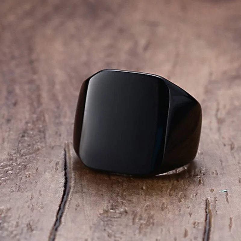 12.5mm Signet Ring for Men, Black Square Top Stainless Steel Finger Band, Gothic Punk Rock Boy Stamp Rings  (GoldenCity)