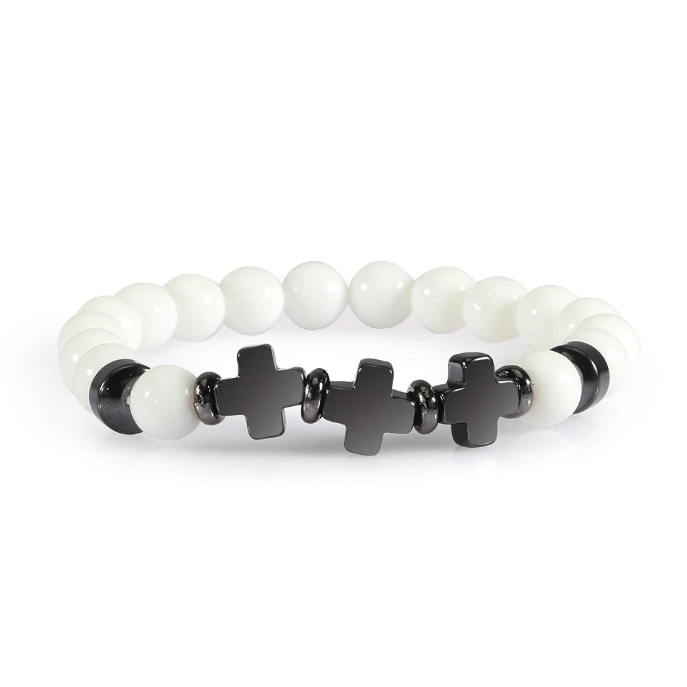 Prayer Men Women Bracelet Hematite Cross Rosary Natural Stone Beads Jesus Onyx Meditation Bracelets Bangles Jewelry Gift Pulsera  (GoldenCity)