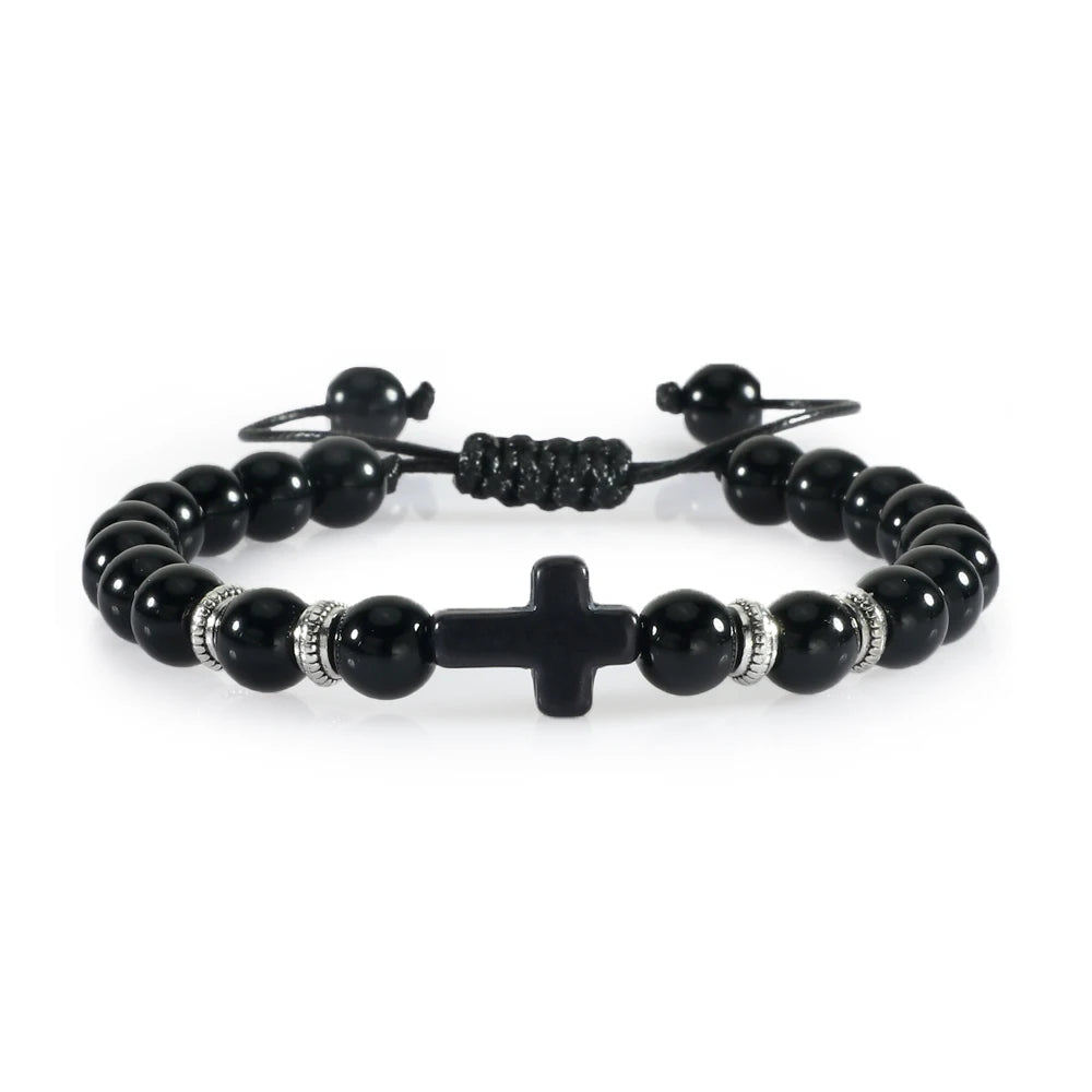 Prayer Men Women Bracelet Hematite Cross Rosary Natural Stone Beads Jesus Onyx Meditation Bracelets Bangles Jewelry Gift Pulsera  (GoldenCity)