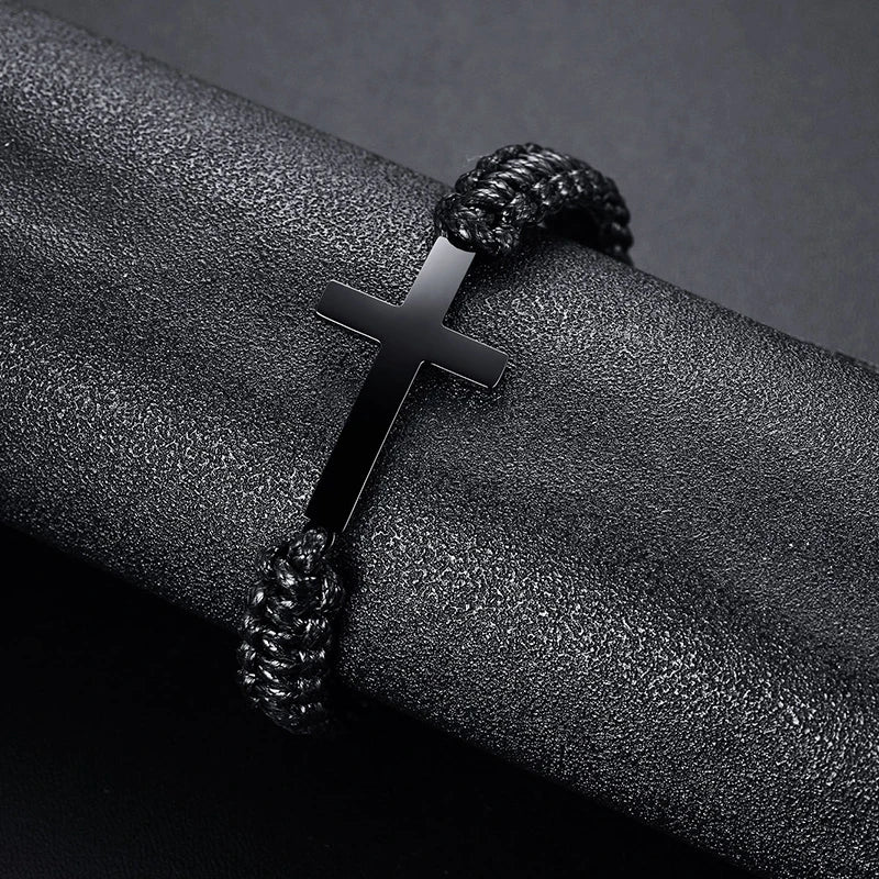 Black Cross Charm Bracelet for Men Teens Boy Braided Rope Chain Unisex Handmade Jewelry  (GoldenCity)