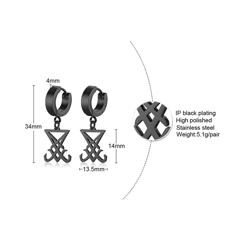 Sigil of Lucifer Dangle Earrings for Men Stainless Steel Unisex Brincos Religious Jewelry  (GoldenCity)