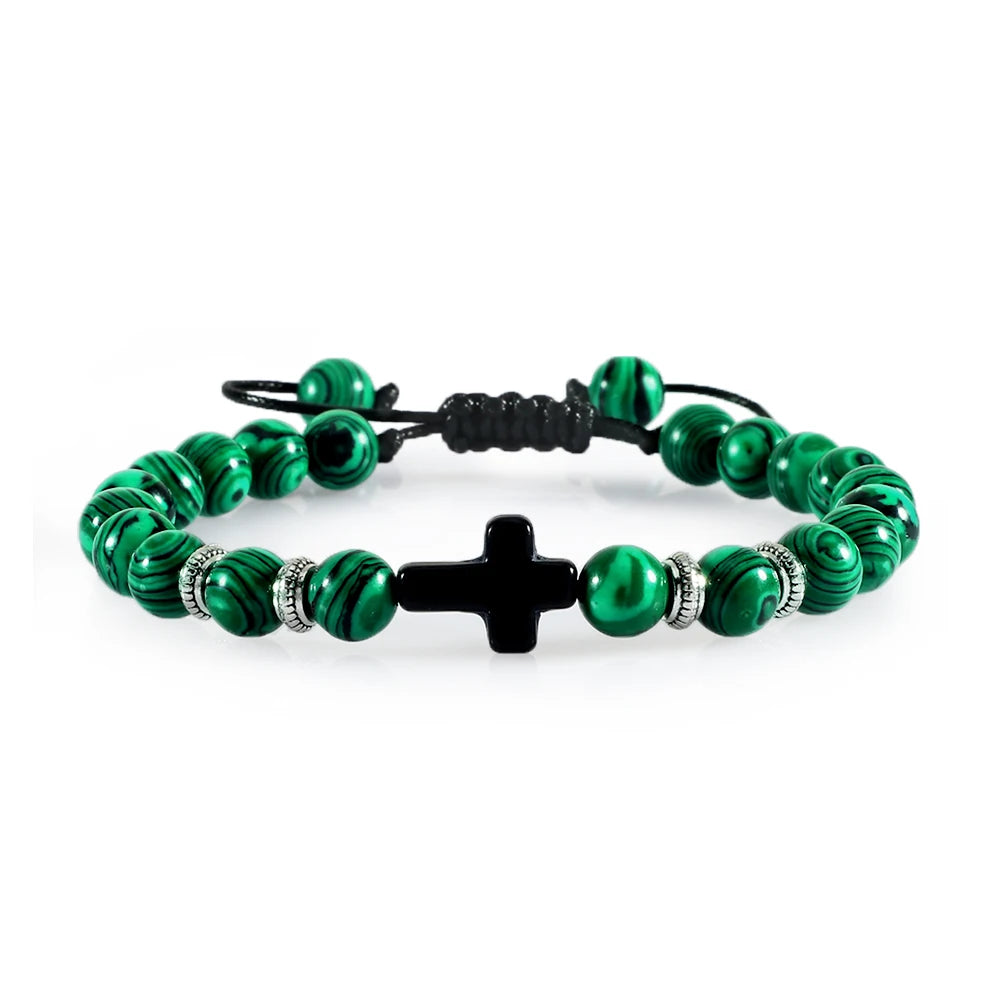 Prayer Men Women Bracelet Hematite Cross Rosary Natural Stone Beads Jesus Onyx Meditation Bracelets Bangles Jewelry Gift Pulsera  (GoldenCity)