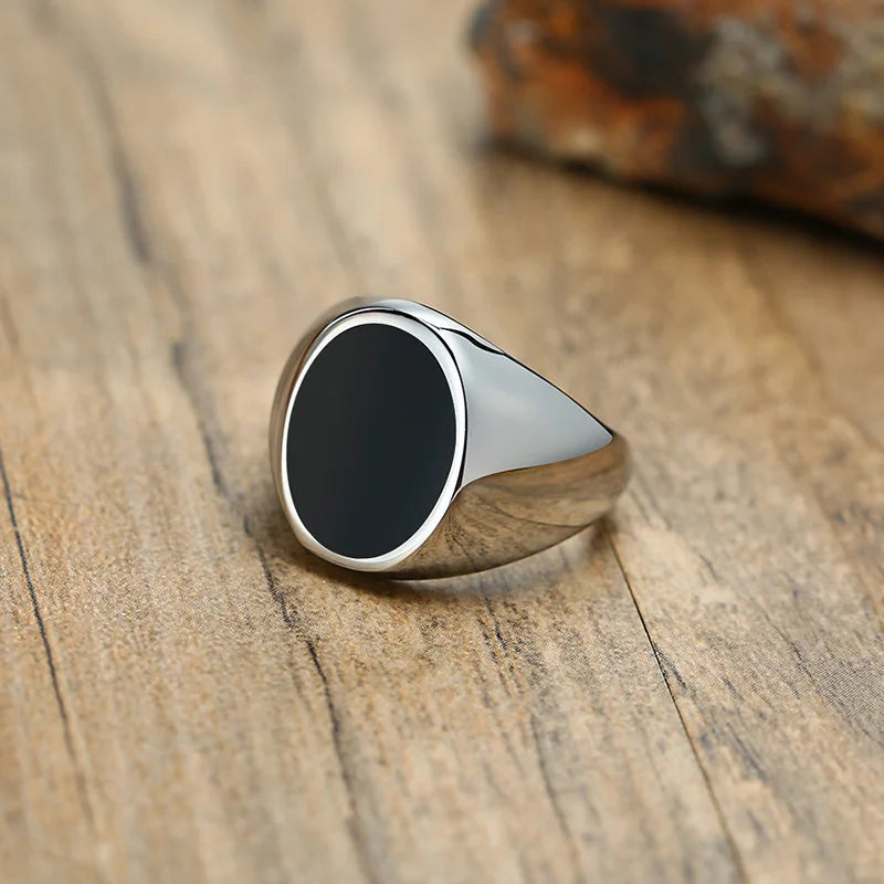12.5mm Signet Ring for Men, Black Square Top Stainless Steel Finger Band, Gothic Punk Rock Boy Stamp Rings  (GoldenCity)