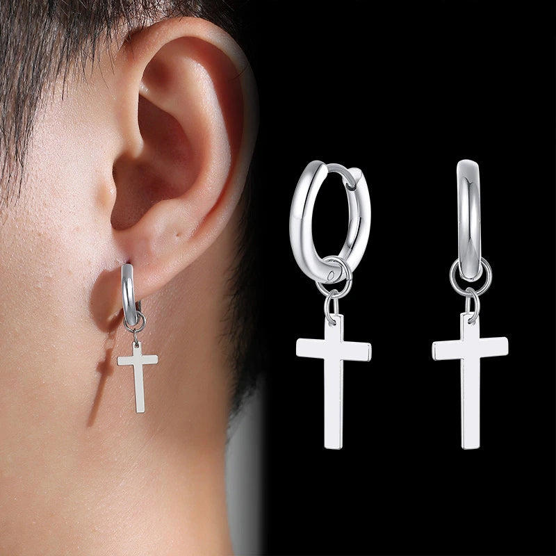 Simple Cross Dangle Earrings for Men Women Minimalist Stainless Steel Drop Small Hoop Metal Ear Jewelry Anti Allergy  (GoldenCity)