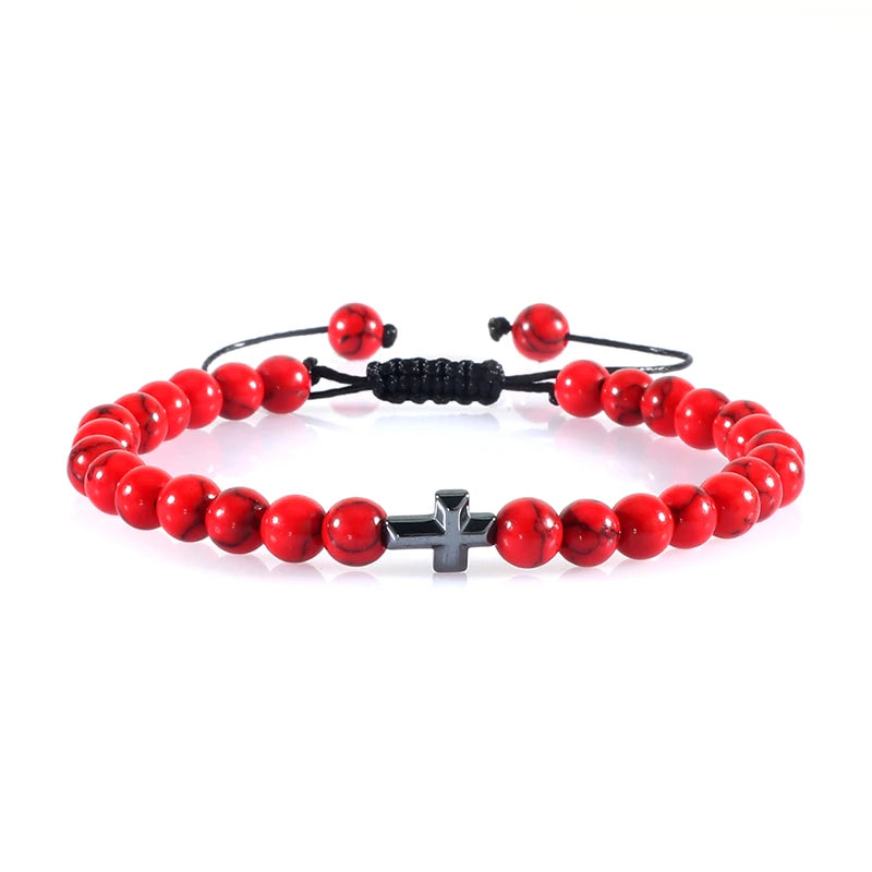 Charm 6mm Natural Stone Beads Braided Bracelet Prayer Men Women Christian Jesus Bless Cross Bracelets Bangles Friendship Jewelry  (GoldenCity)
