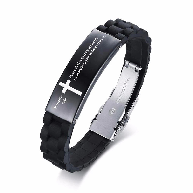 Religious Cross Jesus Scripture Quote Christian Bible Verse Inspiring Faith Silicone Bracelets for Men Personalize Gift  (GoldenCity)
