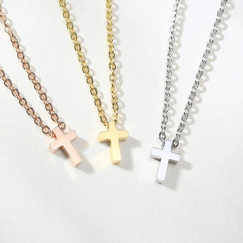 Men's Small Cross Pendant Simple Classic Stainless Steel Jesus Christ Necklaces Religious Women Unisex Jewelry 20" Chain  (GoldenCity)