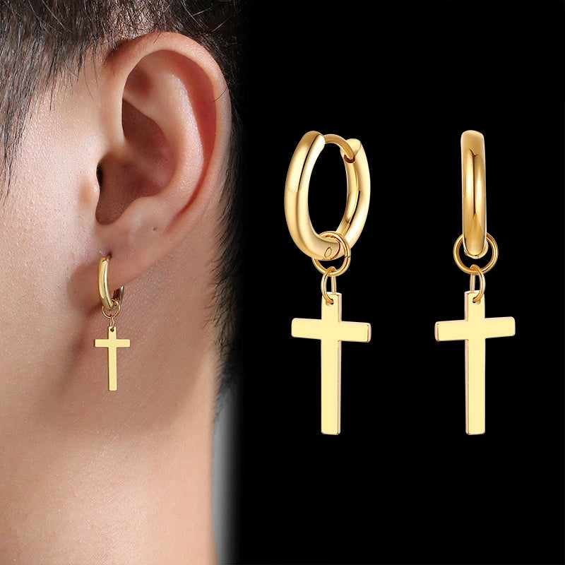 Simple Cross Dangle Earrings for Men Women Minimalist Stainless Steel Drop Small Hoop Metal Ear Jewelry Anti Allergy  (GoldenCity)