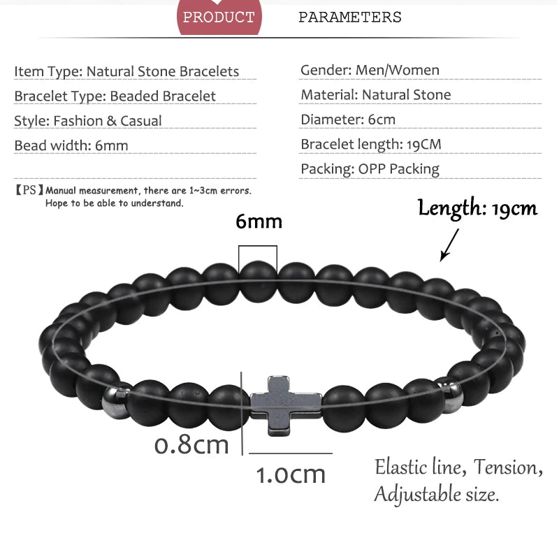 Natural Lava Stone Bead Bracelet Men Prayer Meditation Hematite Cross Jesus Thin Couple Bangles Pulsera Jewelry Gifts for Friend  (GoldenCity)