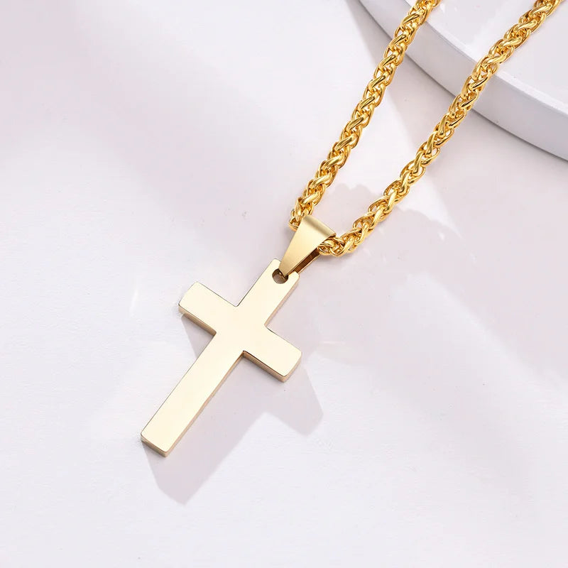 Simple Plain Cross Prayer Pendant Necklaces for Men, Anti Allergy Stainless Steel Religious Faith Collar Jewelry  (GoldenCity)