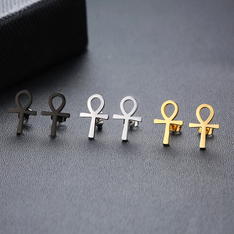 Mens Ankh Cross Stud Earrings for Women Jewelry Stainless Steel AUM OM Casual Unisex Gifts  (GoldenCity)