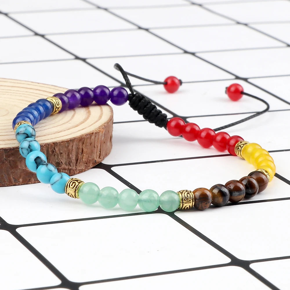 Minimalist 4 6MM 7 Chakra Natural Stone Bracelet Women Yoga Elastic Rope Bracelets Couple Adjustable Braided Bangles Jewelry New  (GoldenCity)