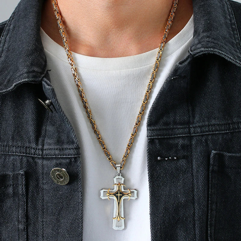 Cross Necklace For Men Byzantine Gold Color Stainless Steel Chain Catholic Crucifix Pendant Male Punk Rock Ornaments  (GoldenCity)