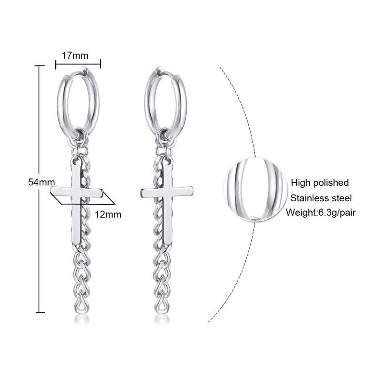 Simple Cross Dangle Earrings for Men Women Minimalist Stainless Steel Drop Small Hoop Metal Ear Jewelry Anti Allergy  (GoldenCity)