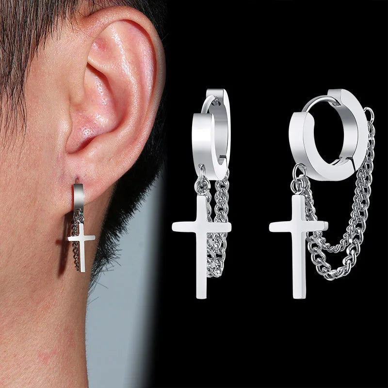 Simple Cross Dangle Earrings for Men Women Minimalist Stainless Steel Drop Small Hoop Metal Ear Jewelry Anti Allergy  (GoldenCity)