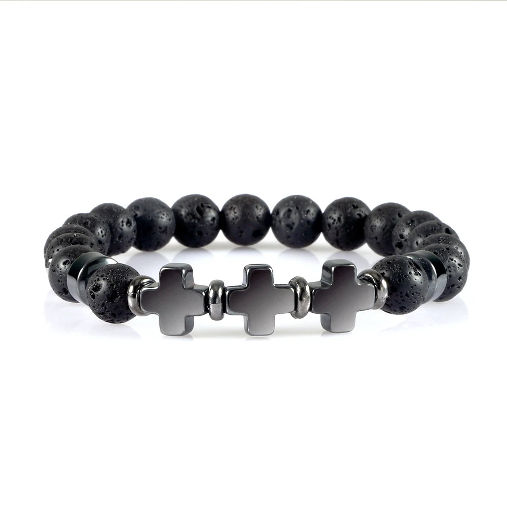Prayer Men Women Bracelet Hematite Cross Rosary Natural Stone Beads Jesus Onyx Meditation Bracelets Bangles Jewelry Gift Pulsera  (GoldenCity)