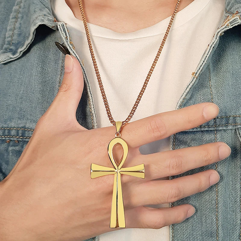 Religion Egyptian Ankh Crucifix Necklaces Stainless Steel Symbol of Life Cross Pendants Prayer Gifts Jewelry  (GoldenCity)