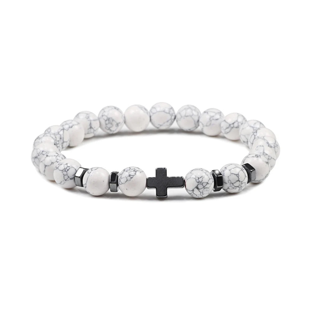 Prayer Men Women Bracelet Hematite Cross Rosary Natural Stone Beads Jesus Onyx Meditation Bracelets Bangles Jewelry Gift Pulsera  (GoldenCity)