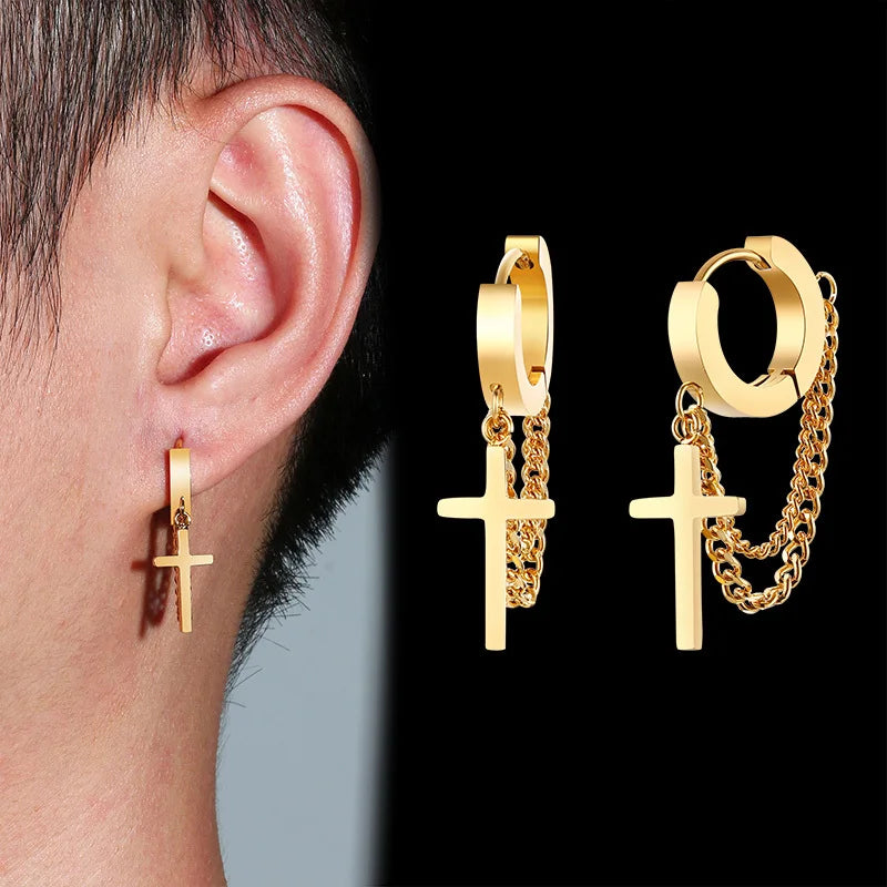 Simple Cross Dangle Earrings for Men Women Minimalist Stainless Steel Drop Small Hoop Metal Ear Jewelry Anti Allergy  (GoldenCity)