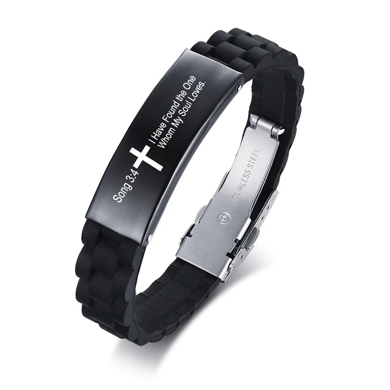 Religious Cross Jesus Scripture Quote Christian Bible Verse Inspiring Faith Silicone Bracelets for Men Personalize Gift  (GoldenCity)