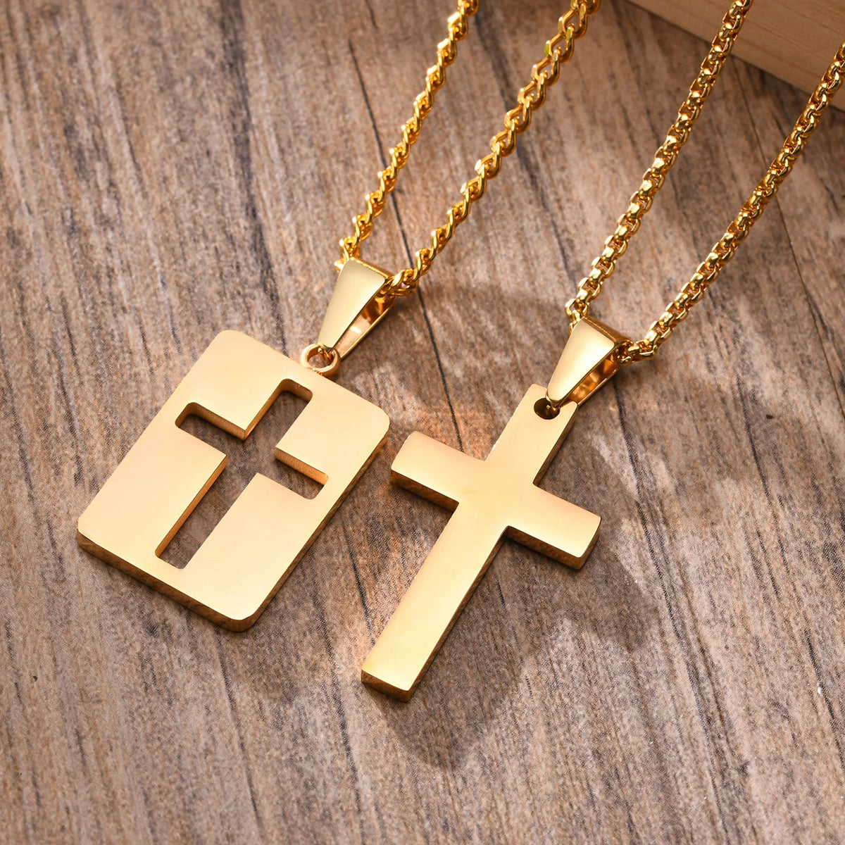Simple Plain Cross Pendant and Dogtag Duo Necklace Set for Men Women,High Polished Stainless Steel Christian Prayer Jewelry  (GoldenCity)
