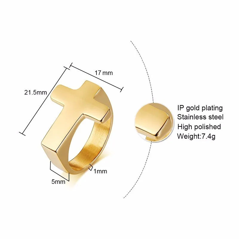 Unique Cross Flat Top Ring For Men Glossy Stainless Steel Christ Jesus Prayer Faith Anel Fraternal Rings  (GoldenCity)