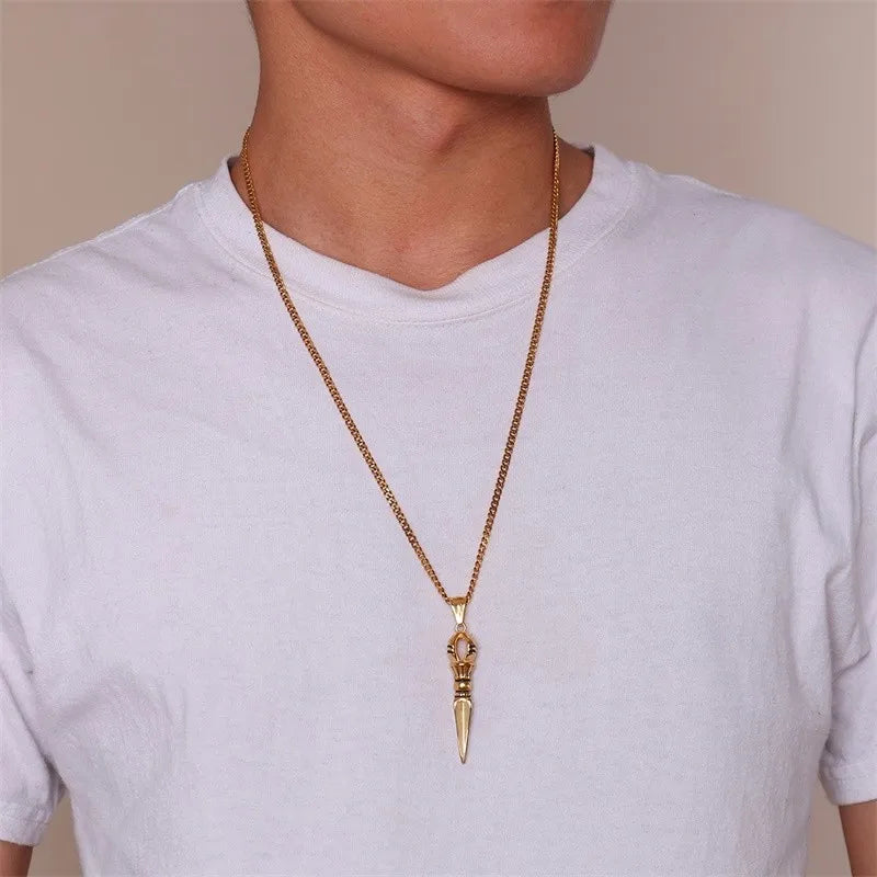 Demon-feeling Pestle Pendant for Men Stainless Steel Chinese Tibetan Vajra-pestle Amulet Necklace Lucky Jewelry Collier  (GoldenCity)