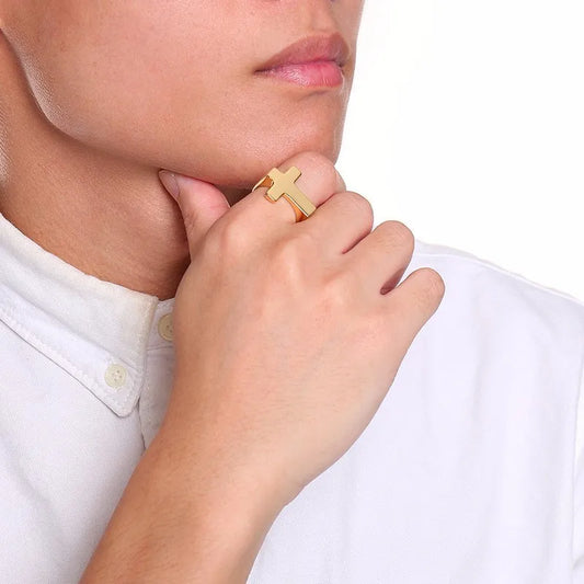 Unique Cross Flat Top Ring For Men Glossy Stainless Steel Christ Jesus Prayer Faith Anel Fraternal Rings  (GoldenCity)