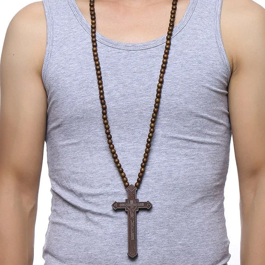 36" Long Rosary Necklace Large Wood Jesus Christ Cross Pendant With Wooden Beads Sweater Chain Male Collier Statement Jewel  (GoldenCity)