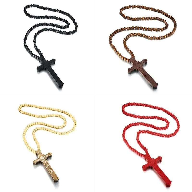36" Long Rosary Necklace Large Wood Jesus Christ Cross Pendant With Wooden Beads Sweater Chain Male Collier Statement Jewel  (GoldenCity)