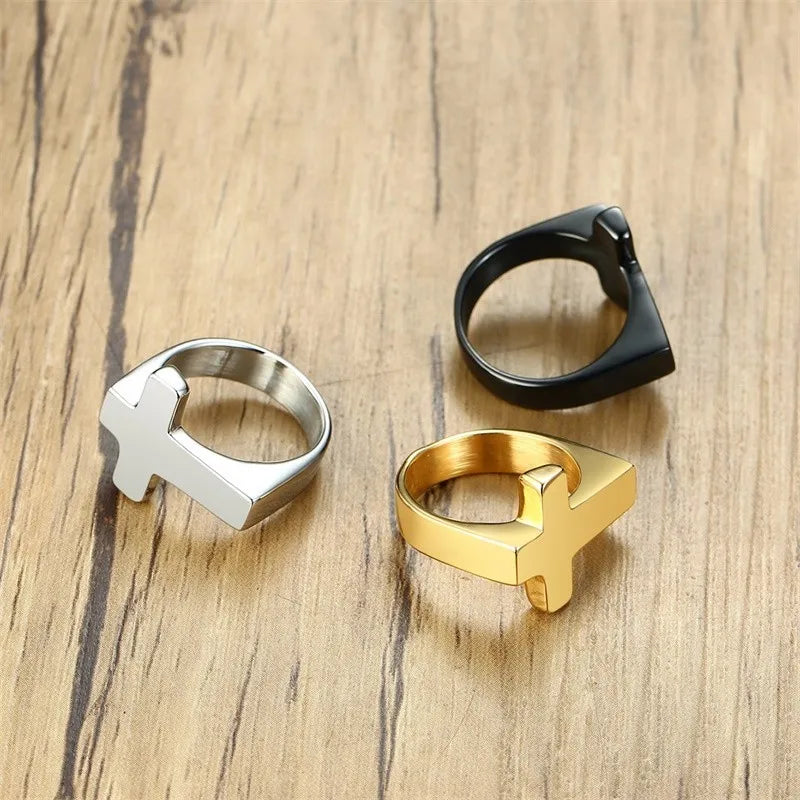 Unique Cross Flat Top Ring For Men Glossy Stainless Steel Christ Jesus Prayer Faith Anel Fraternal Rings  (GoldenCity)