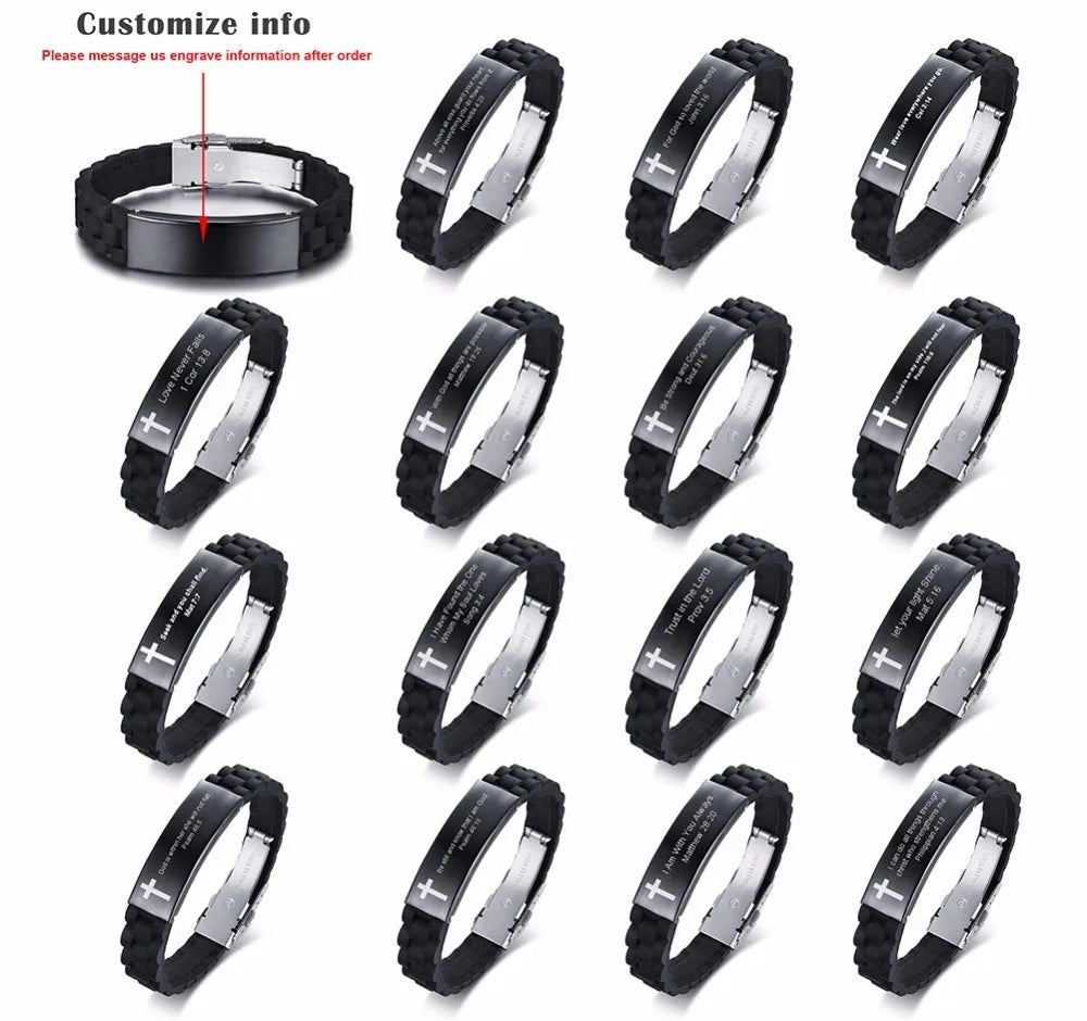 Religious Cross Jesus Scripture Quote Christian Bible Verse Inspiring Faith Silicone Bracelets for Men Personalize Gift  (GoldenCity)