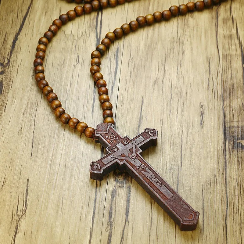 36" Long Rosary Necklace Large Wood Jesus Christ Cross Pendant With Wooden Beads Sweater Chain Male Collier Statement Jewel  (GoldenCity)