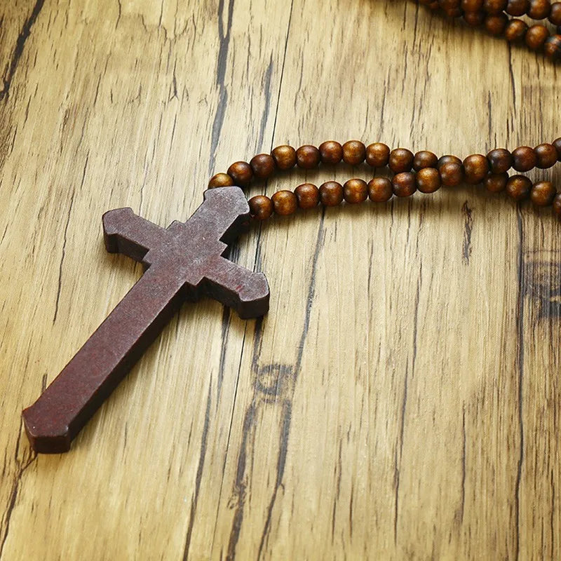 36" Long Rosary Necklace Large Wood Jesus Christ Cross Pendant With Wooden Beads Sweater Chain Male Collier Statement Jewel  (GoldenCity)