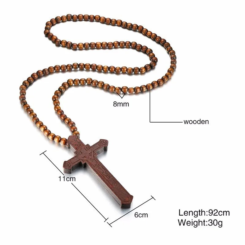 36" Long Rosary Necklace Large Wood Jesus Christ Cross Pendant With Wooden Beads Sweater Chain Male Collier Statement Jewel  (GoldenCity)