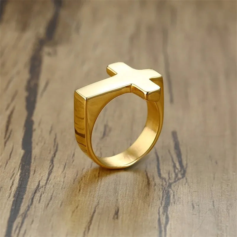 Unique Cross Flat Top Ring For Men Glossy Stainless Steel Christ Jesus Prayer Faith Anel Fraternal Rings  (GoldenCity)