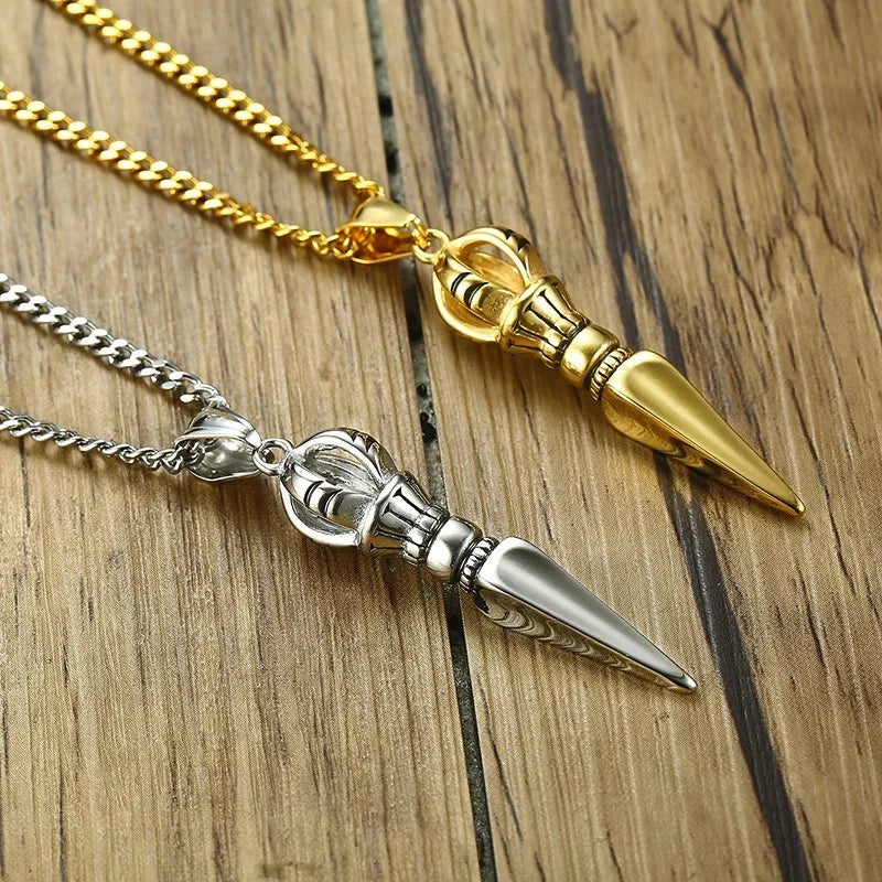Demon-feeling Pestle Pendant for Men Stainless Steel Chinese Tibetan Vajra-pestle Amulet Necklace Lucky Jewelry Collier  (GoldenCity)