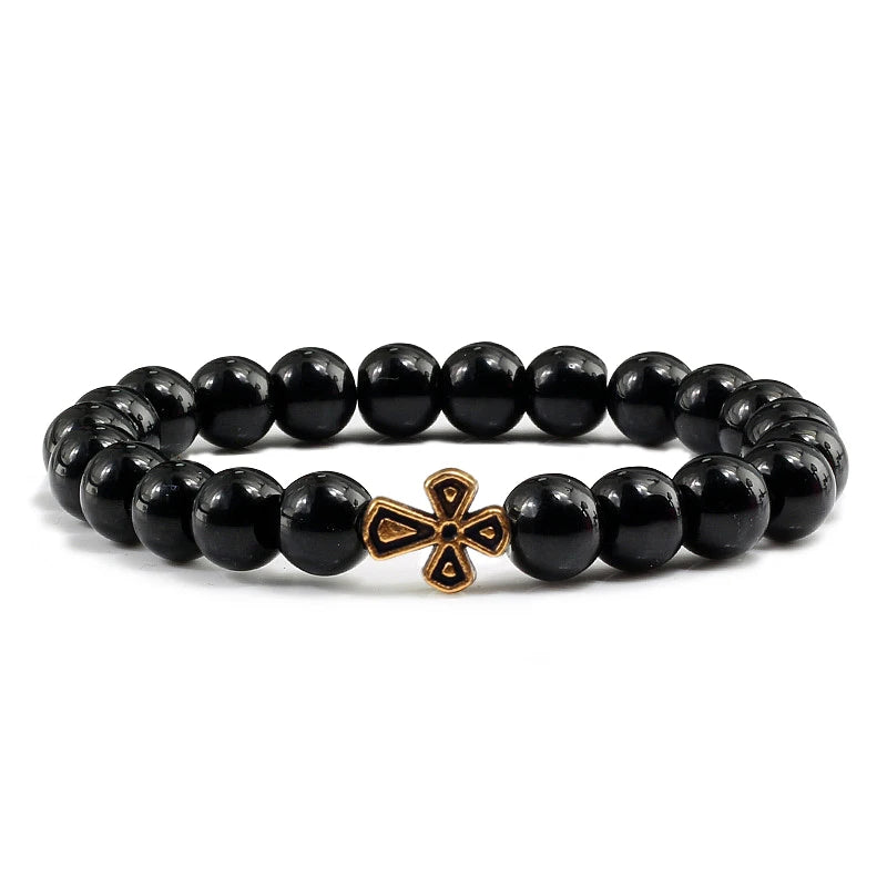 New Natural Stone Lava Beaded Bracelet for Men Women Alloy Christian Jesus Cross Bracelets Bangles Yoga Prayer Fashion Jewelry  (GoldenCity)