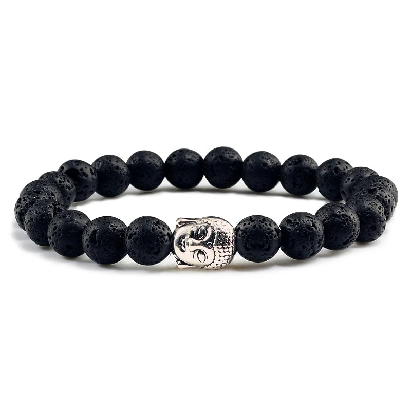 Healing  Buddha Head Prayer Volcanic Lava Natural Stone Strand Bead Bracelet For Men Black Beaded Yoga Women armband Jewelry  (GoldenCity)