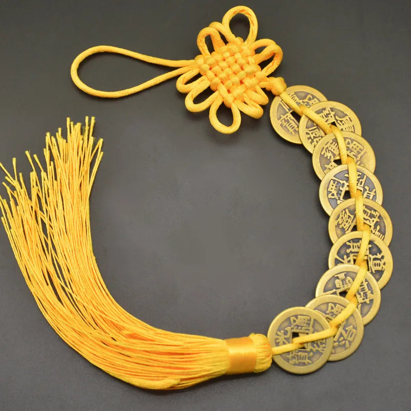 Red Yellow Chinese Knot Feng Shui Money Wealth Success Copper Ancien Coins Lucky Charm Home Decoration Ten emperors Antique Fortune  (GoldenCity)