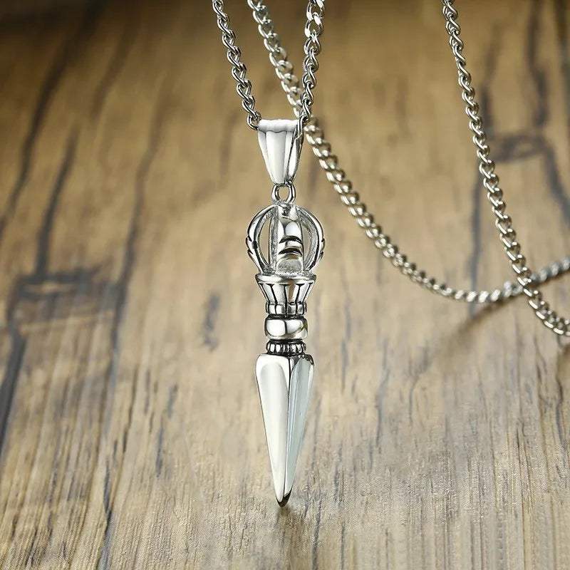 Demon-feeling Pestle Pendant for Men Stainless Steel Chinese Tibetan Vajra-pestle Amulet Necklace Lucky Jewelry Collier  (GoldenCity)